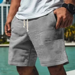 Online OUKU Men's Waffle Shorts Sweat Shorts Shorts Bermuda shorts Beach Shorts Elastic Waist Drawstring Plain Comfort Sports Knee Length Outdoor Daily Vacation Classic Style White Blue Micro-elastic