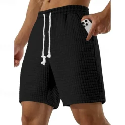 Sale OUKU Men's Waffle Shorts Sweat Shorts Bermuda shorts Pocket Drawstring Elastic Waist Plain Comfort Sports Short Outdoor Yoga Daily Casual Athleisure Black White Micro-elastic