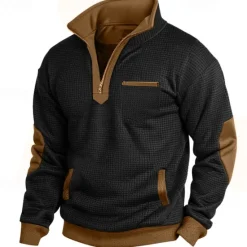 Clearance OUKU Men's Waffle Sweatshirt Waffle Hoodies Zip Up Sweatshirt Pullover Black Navy Blue Standing Collar Plain Pocket Work Sports & Outdoor Casual Active Vintage Cool Spring Fall Clothing Apparel Hoodies