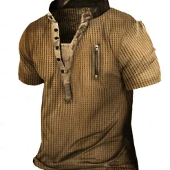 Discount OUKU Men's Waffle Tee Button T Shirt Waffle Henley Shirt Henley Shirt Short Sleeves Henley Summer Plain Fashion Designer Basic Vacation Street Going out Top Tee for Men Brown