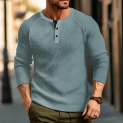 Sale OUKU Men's Waffle Tee Button T Shirt T Shirt Henley Shirt Long Sleeve Henley Spring & Fall Plain Raglan Sleeve Fashion Designer Basic Vacation Street Going out Black White Wine Top Tee for Men