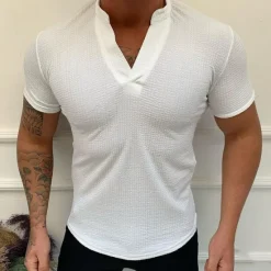 Hot OUKU Men's Waffle Tee T Shirt Waffle Knit Tee Short Sleeve V Neck Summer Plain Sports Fashion Lightweight Vacation Casual Holiday Black White Pink Top Tee for Men