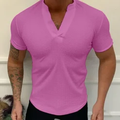 Hot OUKU Men's Waffle Tee T Shirt Waffle Knit Tee Short Sleeve V Neck Summer Plain Sports Fashion Lightweight Vacation Casual Holiday Black White Pink Top Tee for Men