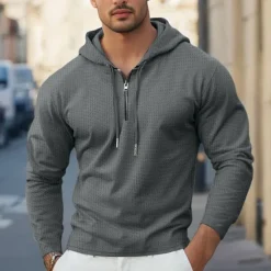 OUKU Men's Waffle Tee T Shirt Zip Up Hoodies Long Sleeve Hoodie Spring Fall Spring & Fall Solid Color Knitwear Daily Color-Blocking Outdoor Causal Casual Black White Light Gray Top Tee for Men