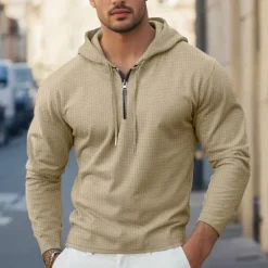 OUKU Men's Waffle Tee T Shirt Zip Up Hoodies Long Sleeve Hoodie Spring Fall Spring & Fall Solid Color Knitwear Daily Color-Blocking Outdoor Causal Casual Black White Light Gray Top Tee for Men