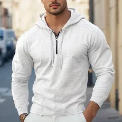 OUKU Men's Waffle Tee T Shirt Zip Up Hoodies Long Sleeve Hoodie Spring Fall Spring & Fall Solid Color Knitwear Daily Color-Blocking Outdoor Causal Casual Black White Light Gray Top Tee for Men