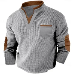 New OUKU Men's Waffle Tee Waffle Henley Shirt Long Sleeve V Neck Spring & Fall Solid Color Fashion Basic Fake two piece Street Casual Sports Black Navy Blue Light Grey Top Tee for Men