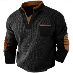 New OUKU Men's Waffle Tee Waffle Henley Shirt Long Sleeve V Neck Spring & Fall Solid Color Fashion Basic Fake two piece Street Casual Sports Black Navy Blue Light Grey Top Tee for Men
