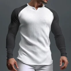 Discount OUKU Men's Waffle Tee Waffle Shirt T Shirt Tee Top Long Sleeve V Neck Spring & Fall Color Block Fashion Designer Basic Patchwork Vacation Street Going out Black Navy Blue Khaki Top Tee for Men
