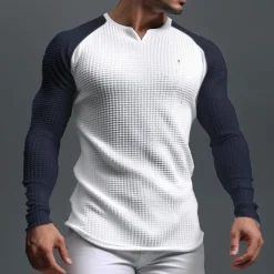 Discount OUKU Men's Waffle Tee Waffle Shirt T Shirt Tee Top Long Sleeve V Neck Spring & Fall Color Block Fashion Designer Basic Patchwork Vacation Street Going out Black Navy Blue Khaki Top Tee for Men