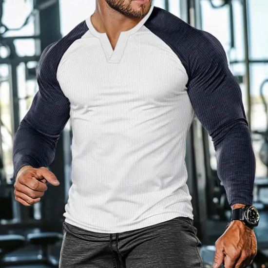 Outlet OUKU Men's Waffle Tee Waffle Shirt T Shirt Tee Top Long Sleeve V Neck Spring & Fall Color Block Fashion Designer Basic Patchwork Street Sport Casual Daily Black Gray Navy Blue Top Tee for Men