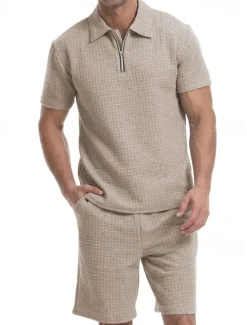 Online OUKU Men's Waffle Tracksuit Polo Shirt & Shorts Set Outfit Set Polo Collar Quarter Zip Outdoor Daily Sports Pocket Drawstring 2 Piece Plain Black White Khaki Polyester Activewear Classic Casual Summer