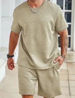 Online OUKU Men's Waffle Tracksuit T shirt & Shorts Set Outfit Set Crew Neck Outdoor Daily Sports Pocket Drawstring 2 Piece Plain Black White Khaki Polyester Activewear Classic Casual Summer