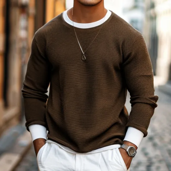Online OUKU Men's Waffle T-shirt Pullover Sweatshirt Tee Top Long Sleeve Shirt Long Sleeve Crew Neck Spring & Fall Plain Fashion Designer Basic Fashion Fake two piece Vacation Street Going out Dark Brown Army