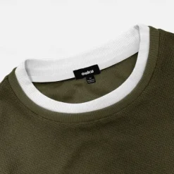 Online OUKU Men's Waffle T-shirt Pullover Sweatshirt Tee Top Long Sleeve Shirt Long Sleeve Crew Neck Spring & Fall Plain Fashion Designer Basic Fashion Fake two piece Vacation Street Going out Dark Brown Army