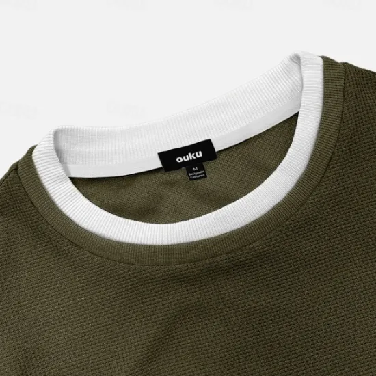 Online OUKU Men's Waffle T-shirt Pullover Sweatshirt Tee Top Long Sleeve Shirt Long Sleeve Crew Neck Spring & Fall Plain Fashion Designer Basic Fashion Fake two piece Vacation Street Going out Dark Brown Army