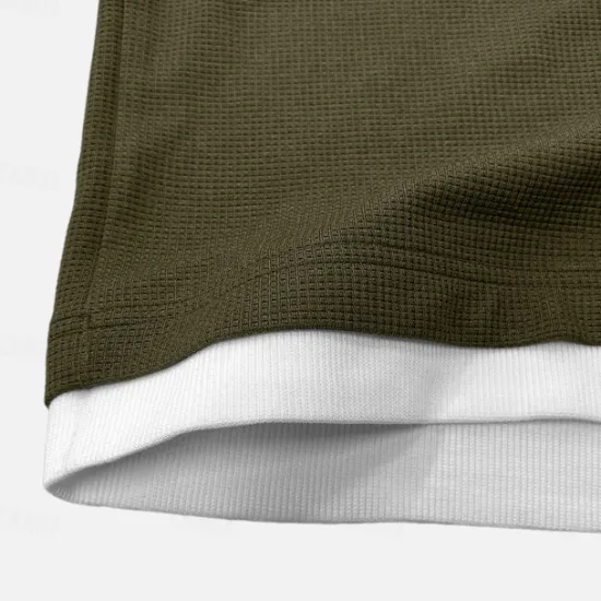 Online OUKU Men's Waffle T-shirt Pullover Sweatshirt Tee Top Long Sleeve Shirt Long Sleeve Crew Neck Spring & Fall Plain Fashion Designer Basic Fashion Fake two piece Vacation Street Going out Dark Brown Army