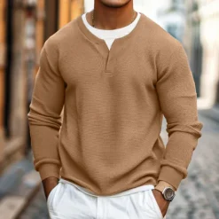 Online OUKU Men's Waffle T-shirt Pullover Sweatshirt Tee Top Long Sleeve Shirt Long Sleeve Crew Neck V Neck Spring & Fall Plain Fashion Designer Basic Fashion Fake two piece Vacation Street Going out Black Gray