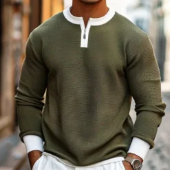 Hot OUKU Men's Waffle T-shirt Quarter Zip Tee Tee Top Long Sleeve Shirt Long Sleeve Crewneck Spring & Fall Color Block Fashion Designer Basic Zipper Fake two piece Vacation Street Going out Dark Brown Army