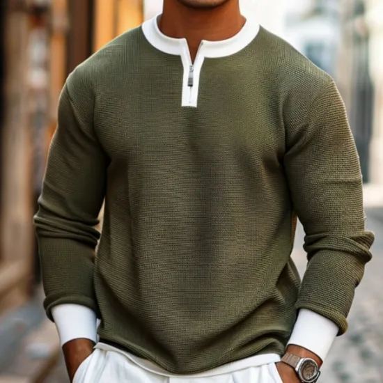 Hot OUKU Men's Waffle T-shirt Quarter Zip Tee Tee Top Long Sleeve Shirt Long Sleeve Crewneck Spring & Fall Color Block Fashion Designer Basic Zipper Fake two piece Vacation Street Going out Dark Brown Army