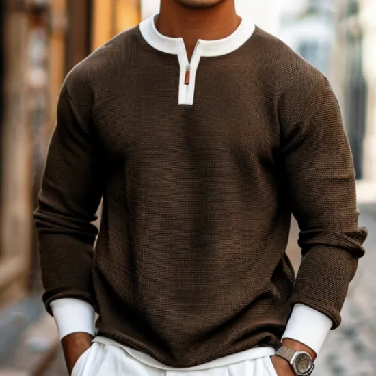 Hot OUKU Men's Waffle T-shirt Quarter Zip Tee Tee Top Long Sleeve Shirt Long Sleeve Crewneck Spring & Fall Color Block Fashion Designer Basic Zipper Fake two piece Vacation Street Going out Dark Brown Army