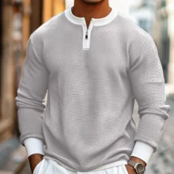 Hot OUKU Men's Waffle T-shirt Quarter Zip Tee Tee Top Long Sleeve Shirt Long Sleeve Crewneck Spring & Fall Color Block Fashion Designer Basic Zipper Fake two piece Vacation Street Going out Dark Brown Army