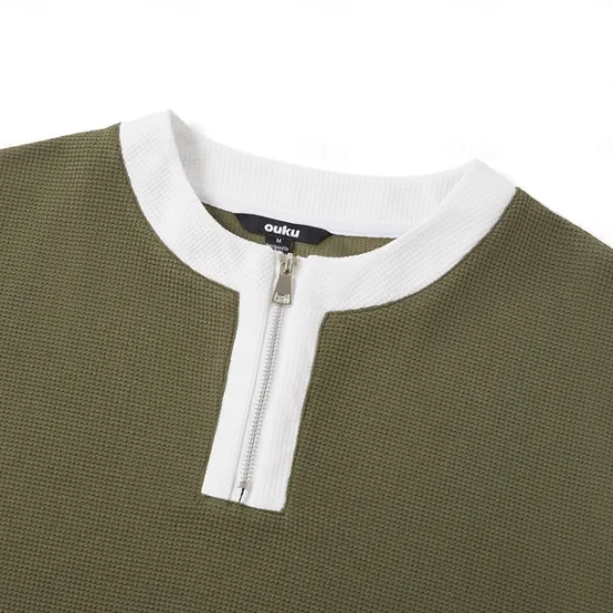 Hot OUKU Men's Waffle T-shirt Quarter Zip Tee Tee Top Long Sleeve Shirt Long Sleeve Crewneck Spring & Fall Color Block Fashion Designer Basic Zipper Fake two piece Vacation Street Going out Dark Brown Army