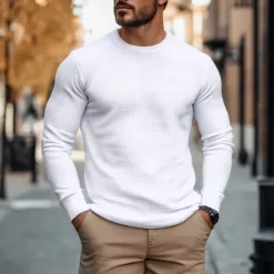 Clearance OUKU Men's Waffle T-shirt T Shirt Tee Top Long Sleeve Shirt Long Sleeve Crew Neck Spring & Fall Plain Fashion Designer Basic Vacation Street Going out Army Green White Navy Blue Top Tee for Men