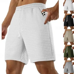 OUKU Men's Waffle Waffle Shorts Sweat Shorts Basketball Shorts Pocket Drawstring Elastic Waist Plain Comfort Quick Dry Short Holiday Beach Weekend Fashion Casual ArmyGreen Black Micro-elastic