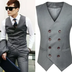 OUKU Men's Waistcoat Daily Wear Vacation Going out Fashion Basic Spring & Fall Button Polyester Comfortable Plain Single Breasted V Neck Regular Fit Black Light Grey Vest Dark-Gray