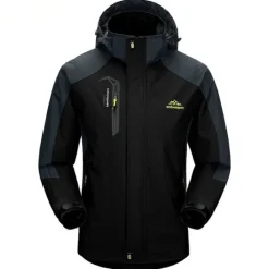 OUKU Men's Waterproof Hiking Jacket Gorpcore Rain Jacket Hiking Windbreaker Outdoor Waterproof Windproof Lightweight Breathable Detachable Cap Outerwear Trench Coat Full Zip Hoodie Hunting Fishing Climbing Black