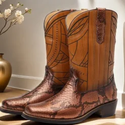 Sale OUKU Men's Western Cowboy Boots with Snakeskin Print and Intricate Faux Leather Design – Stylish and Durable Footwear for Rodeo and Country Events