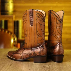 Sale OUKU Men's Western Cowboy Boots with Snakeskin Print and Intricate Faux Leather Design – Stylish and Durable Footwear for Rodeo and Country Events