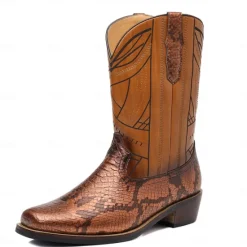 Sale OUKU Men's Western Cowboy Boots with Snakeskin Print and Intricate Faux Leather Design – Stylish and Durable Footwear for Rodeo and Country Events