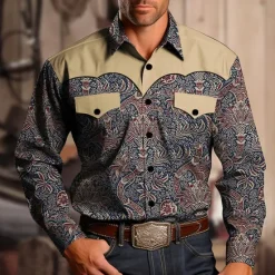 Online OUKU Men's Western Shirt Button Up Shirt Cowboy Shirt Long Sleeve Vintage Western Style Casual Daily Fall & Winter Turndown Buttons Print Black khaki