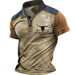 Discount OUKU Men's Western Wear Polo Shirts Golf Shirt Short Sleeve Polo Shirts Collared Shirts Vintage Casual Vacation Wear Party Outfits Buttons 3D Print White Blue Khaki