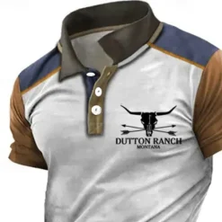 Discount OUKU Men's Western Wear Polo Shirts Golf Shirt Short Sleeve Polo Shirts Collared Shirts Vintage Casual Vacation Wear Party Outfits Buttons 3D Print White Blue Khaki