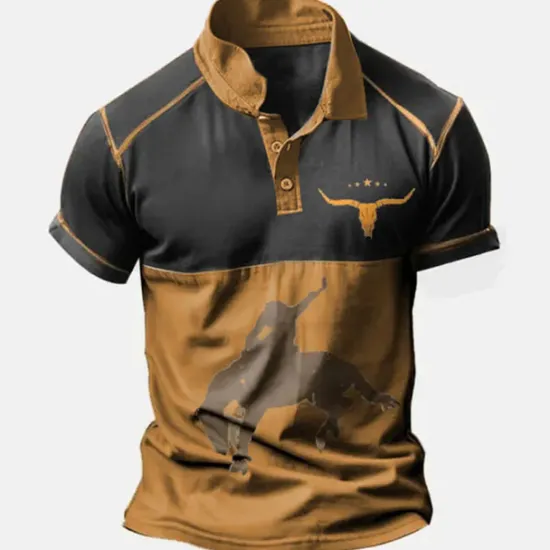 Outlet OUKU Men's Western Wear Polo Shirts Golf Shirt Short Sleeve Polo Shirts Collared Shirts Vintage Casual Vacation Wear Party Outfits Buttons 3D Print Blue Brown Green