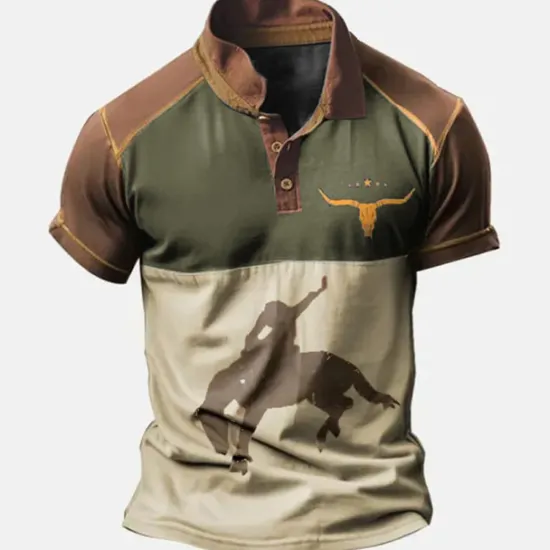 Outlet OUKU Men's Western Wear Polo Shirts Golf Shirt Short Sleeve Polo Shirts Collared Shirts Vintage Casual Vacation Wear Party Outfits Buttons 3D Print Blue Brown Green