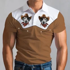Outlet OUKU Men's Western Wear Polo Shirts Golf Shirt Short Sleeve Polo Shirts Collared Shirts Vacation Wear Party Outfits Buttons 3D Print Spring & Summer Khaki