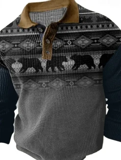 Sale OUKU Men's Western Wear Waffle Polo Shirts Golf Shirt Long Sleeve Polo Shirts Collared Shirts Vintage Casual Vacation Wear Party Outfits Buttons 3D Print Fall & Winter Dark Navy Green Khaki