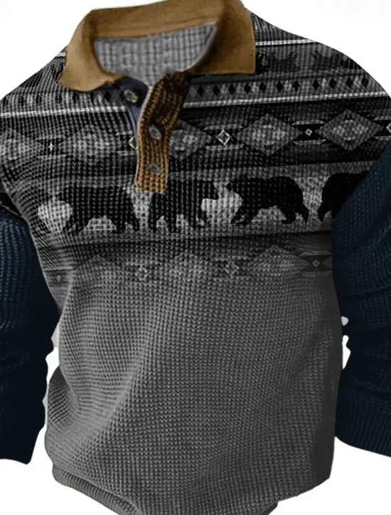Sale OUKU Men's Western Wear Waffle Polo Shirts Golf Shirt Long Sleeve Polo Shirts Collared Shirts Vintage Casual Vacation Wear Party Outfits Buttons 3D Print Fall & Winter Dark Navy Green Khaki