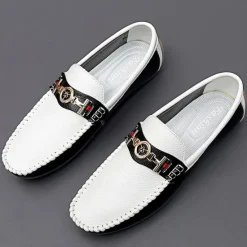 OUKU Men's White and Yellow Faux Leather Loafers with Gold Buckle – Stylish Casual Slip-On Shoes for Driving, Parties, and Daily Wear