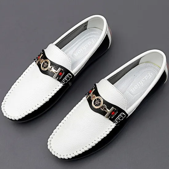 OUKU Men's White and Yellow Faux Leather Loafers with Gold Buckle – Stylish Casual Slip-On Shoes for Driving, Parties, and Daily Wear