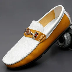 OUKU Men's White and Yellow Faux Leather Loafers with Gold Buckle – Stylish Casual Slip-On Shoes for Driving, Parties, and Daily Wear