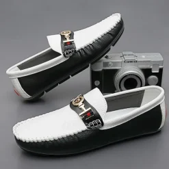 OUKU Men's White and Yellow Faux Leather Loafers with Gold Buckle – Stylish Casual Slip-On Shoes for Driving, Parties, and Daily Wear