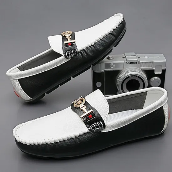 OUKU Men's White and Yellow Faux Leather Loafers with Gold Buckle – Stylish Casual Slip-On Shoes for Driving, Parties, and Daily Wear