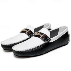 OUKU Men's White and Yellow Faux Leather Loafers with Gold Buckle – Stylish Casual Slip-On Shoes for Driving, Parties, and Daily Wear