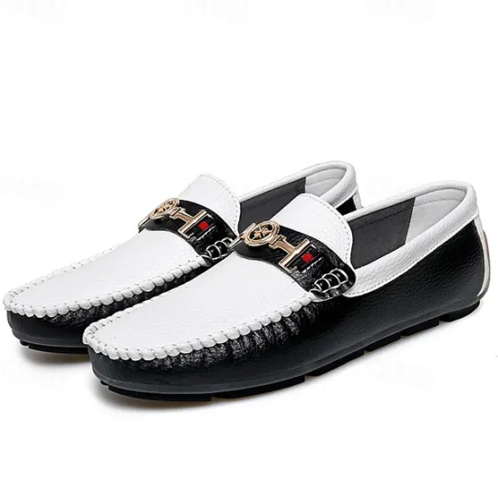 OUKU Men's White and Yellow Faux Leather Loafers with Gold Buckle – Stylish Casual Slip-On Shoes for Driving, Parties, and Daily Wear