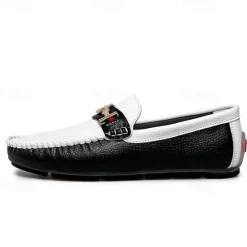 OUKU Men's White and Yellow Faux Leather Loafers with Gold Buckle – Stylish Casual Slip-On Shoes for Driving, Parties, and Daily Wear